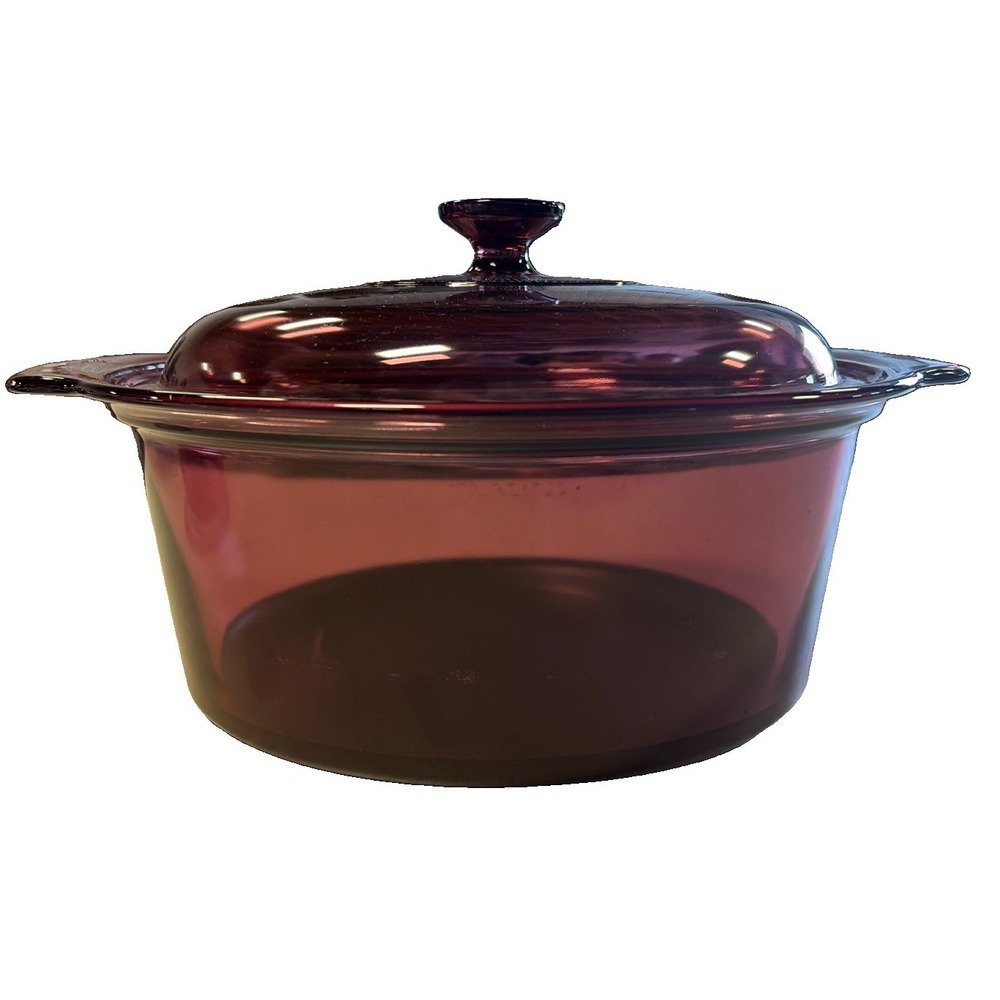 VTG Visions Cranberry Glass 5L Round Casserole Pot W Lid Corning USA Dutchoven